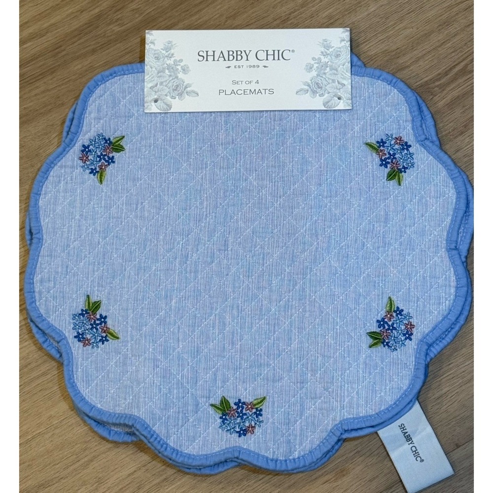 SHABBY CHIC PLACEMATS (4)  BLUE QUILTED FLOWERS 15 IN 100% COTTON NWT
